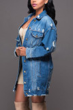 Blue Denim Fashion adult Ma'am Street Turndown Collar Solid Hole Button Plus Size 