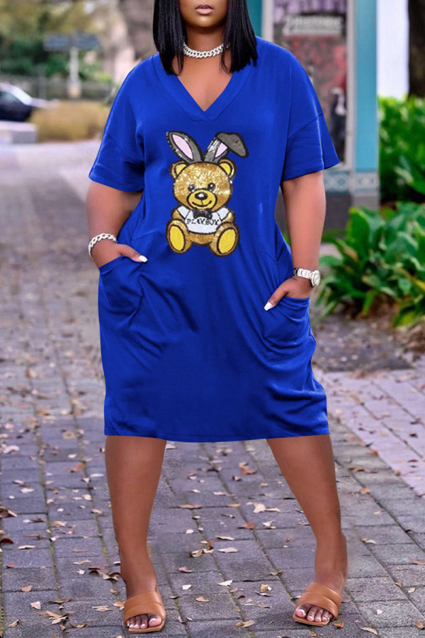 Blue Fashion Casual Character Basic V Neck Loose Dress