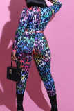 Multicolor Sexy Leopard Hollowed Out O Neck Long Sleeve Two Pieces