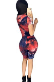 Blue Fashion Sexy adult Ma'am Patchwork Print Two Piece Suits pencil Short Sleeve Two Pieces