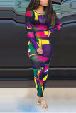 multicolor Sexy Long Sleeves O neck A-Line Ankle-Length Print Mesh Dresses