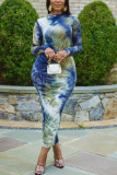 Dark Blue Fashion Casual Elegant Twilled Satin Print O Neck Pencil Skirt Plus Size 