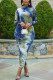 Baby Blue Fashion Casual Elegant Twilled Satin Print O Neck Pencil Skirt Plus Size 