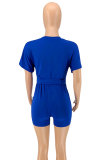Blue Casual Solid Split Joint O Neck Short Sleeve Two Pieces
