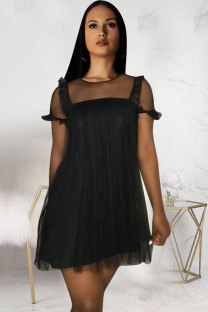 Black Polyester Fashion Sexy Cap Sleeve Short Sleeves O neck Princess Dress skirt Solid Patchwork Mesh per