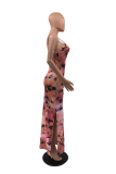 Pink Sexy Print Patchwork High Opening V Neck Irregular Dress Dresses