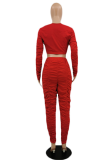 Red Casual Solid Fold O Neck Long Sleeve Two Pieces