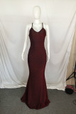 Wine Red Fashion Sexy Solid Backless V Neck Sling Evening Dress