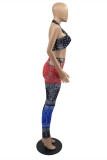White Fashion Sexy Print Hollowed Out Patchwork Backless Halter Sleeveless Two Pieces