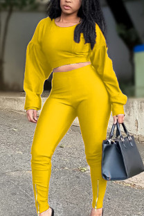 Yellow Street Polyester Solid Hollowed Out Split Joint O Neck Long Sleeve Hubble-Bubble Sleeve Short Two Pieces