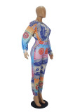 Blue Casual Print O Neck Long Sleeve Two Pieces