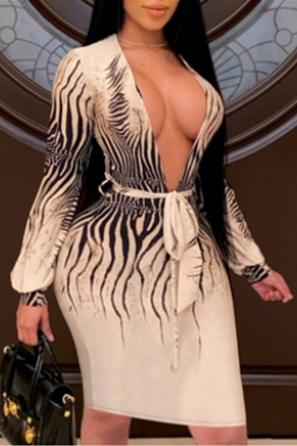 Apricot Sexy Print Patchwork V Neck Wrapped Skirt Dresses