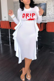 White Sexy Print O Neck Pencil Skirt Dresses