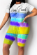 Yellow Casual Patchwork Tie-dye O Neck Short Sleeve Two Pieces