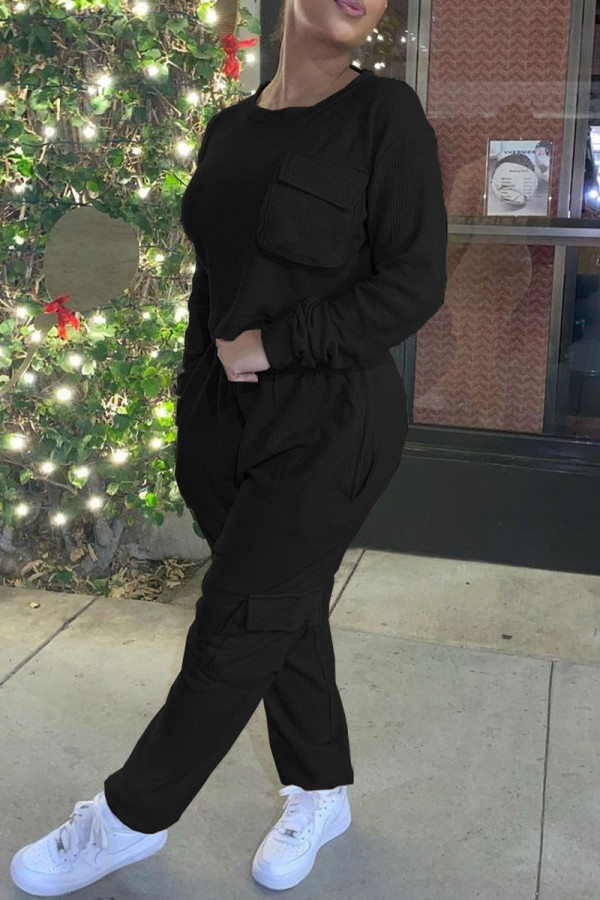 Black Casual Solid O Neck Long Sleeve Two Pieces