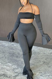Black Casual Solid Split Joint Backless Spaghetti Strap Long Sleeve Two Pieces