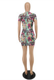 Multicolor Fashion Casual Print Basic O Neck Short Sleeve Dress