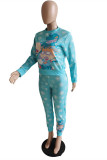Light Blue Fashion Casual Print Basic O Neck Long Sleeve Two Pieces