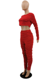 Red Casual Solid Fold O Neck Long Sleeve Two Pieces