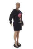 Black Sexy Print O Neck Dresses