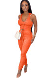 Orange adult Active Fashion Draped Patchwork Two Piece Suits Bandage Solid pencil Sleeveless 