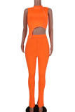 Orange Milk Silk Fashion Celebrities adult Ma'am Solid Two Piece Suits pencil Sleeveless Two Pieces