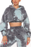 Gray Blue Fashion Casual Print Tie-dye Hooded Collar Long Sleeve Two Pieces