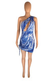 Blue Fashion Sexy Print Hollowed Out Backless One Shoulder Sleeveless Dress