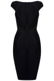 Black Polyester Sexy Cap Sleeve Short Sleeves V Neck Step Skirt Knee-Length Solid