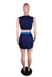 Blue Fashion Sexy Patchwork Strap Design V Neck Sleeveless Two Pieces