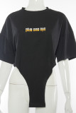 Black Casual Letter Printing O Neck Tops