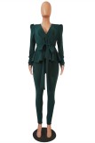 Dark green Polyester Celebrities Fashion adult Stringy selvedge Patchwork Two Piece Suits ruffle Solid pencil L
