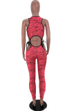 Red Sexy Print Bandage O Neck Sleeveless Two Pieces