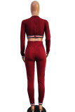 Wine Red Casual Solid Long Sleeve O Neck Jumpsuits