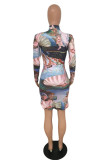 Pink Sexy Print Fold O Neck Wrapped Skirt Dresses
