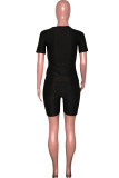 Black Casual Solid Split Joint O Neck Short Sleeve Two Pieces
