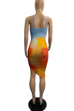 Gradient Color Sexy Gradual Change Print Backless Asymmetrical Spaghetti Strap Sleeveless Dress