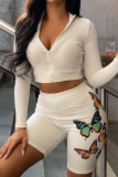 White Casual Print Patchwork Zipper Collar Long Sleeve Two Pieces
