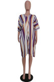 purple Polyester Fashion Casual adult Striped Patchwork Print ruffle Two Piece Suits Straight Half Sleeve Two Pieces