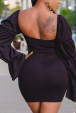 Black Sexy Solid Fold V Neck Pencil Skirt Dresses