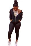Black Lightly cooked Fashion adult Solid Sequin Patchwork Two Piece Suits Zippered pencil Long S