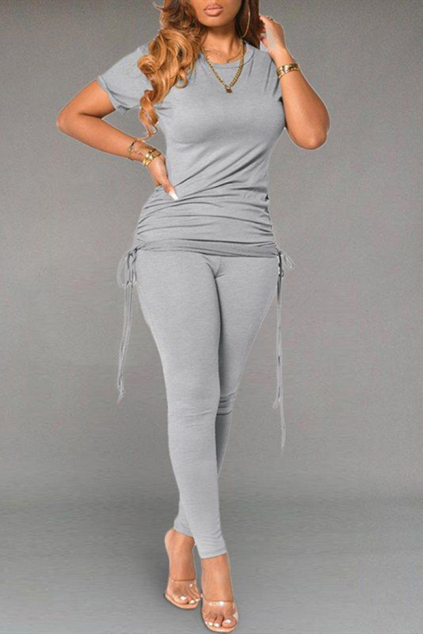 Grey Fashion Casual Solid Basic O Neck Short Sleeve Two Pieces