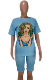 Sky Blue Fashion Sexy adult Ma'am Patchwork Print head portrait Two Piece Suits pencil Short Sleeve Two Pieces
