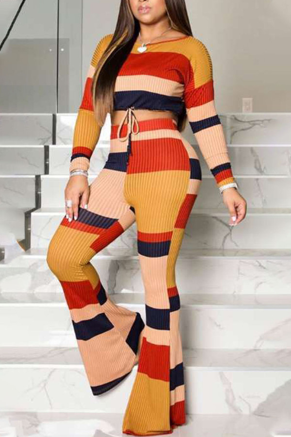 Orange Elegant Print O Neck Long Sleeve Two Pieces