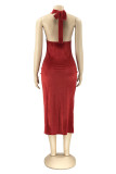 Red Fashion Sexy Solid Hollowed Out Backless Slit Halter Sleeveless Dress