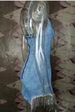 Deep Blue Fashion Sexy Solid Tassel Split Joint V Neck Sling Dress