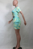 Green knit Fashion Active adult Ma'am Patchwork Print Character Tie Dye Two Piece Suits Straight Short Sleeve Two Pieces