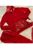 Red Polyester Casual Sequin Solid Two Piece Suits Patchwork pencil Long Sleeve