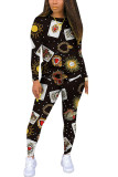 Black Polyester Fashion Casual adult Ma'am Print Two Piece Suits pencil Long Sleeve Two Pieces