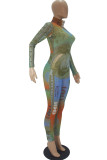 Green Fashion Sexy Gauze Patchwork Print See-through Half A Turtleneck Skinny Jumpsuits